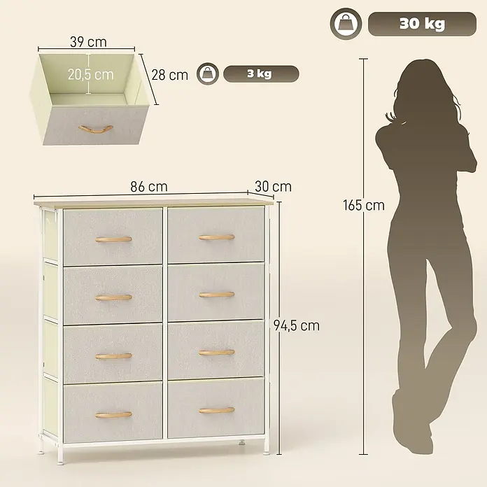 Homcom Kommode 1-teilig - L x B x H: 86 x 30 x 94,5 cm, Beige+Weiß+Naturholz, Anzahl Schubladen: 8 Stk. - Cremefarbene Stoffkommode mit 8 Schubladen und Holzplatte, neben 165 cm Person zur Skalierung. Gesamtmaße: 86x30x94,5 cm. Tragfähigkeit: 30 kg.