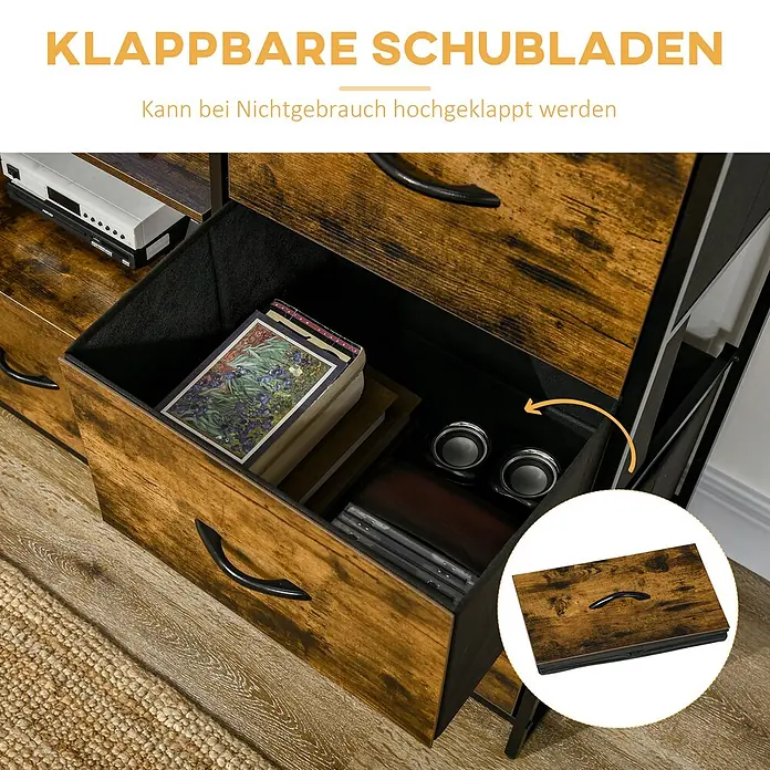 Homcom Kommode 1-teilig - L x B x H: 44 x 40 x 155 cm, Rustikalbraun, Anzahl Schubladen: 3 Stk. - Rustikale braune faltbare Schublade in Holzoptik, teilweise geöffnet mit Inhalt, zeigt sich zusammengeklappt zur Lagerung.
