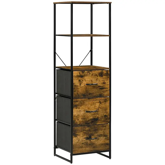 Homcom Kommode 1-teilig - L x B x H: 44 x 40 x 155 cm, Rustikalbraun, Anzahl Schubladen: 3 Stk. - Hohes, schmales Regal mit schwarzem Metallrahmen, rustikalen Holzoptik-Ablagen, drei Holzoptik- und drei dunkelgrauen Stoffschubladen.