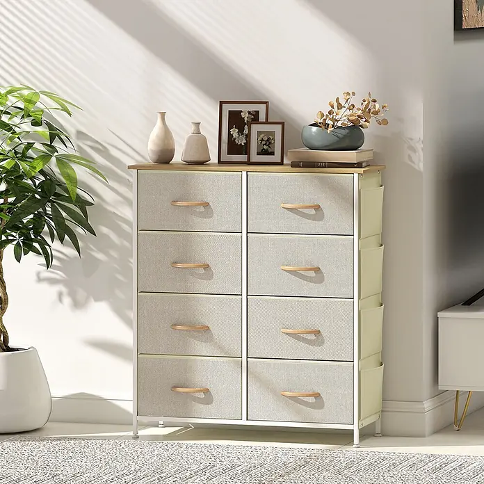 Homcom Kommode 1-teilig - L x B x H: 86 x 30 x 94,5 cm, Beige+Weiß+Naturholz, Anzahl Schubladen: 8 Stk. - Eine Stoffkommode mit 8 Schubladen, Holzplatte und -griffen, mit seitlichen Aufbewahrungstaschen.