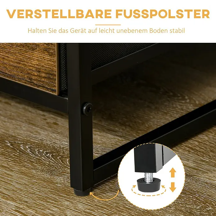 Homcom Kommode 1-teilig - L x B x H: 44 x 40 x 155 cm, Rustikalbraun, Anzahl Schubladen: 3 Stk. - Verstellbarer Fußgleiter an einem schwarzen Metallmöbelbein, der Stabilität auf unebenen Flächen gewährleistet.