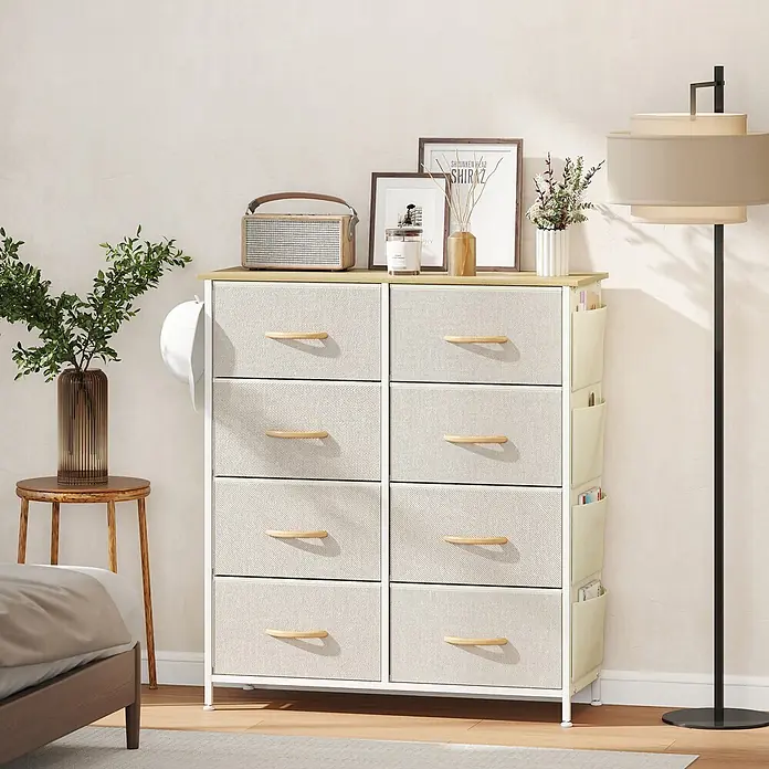 Homcom Kommode 1-teilig - L x B x H: 86 x 30 x 94,5 cm, Beige+Weiß+Naturholz, Anzahl Schubladen: 8 Stk. - Eine Stoffkommode mit 8 Schubladen, Holzplatte und Holzgriffen, beigen Seitentaschen.