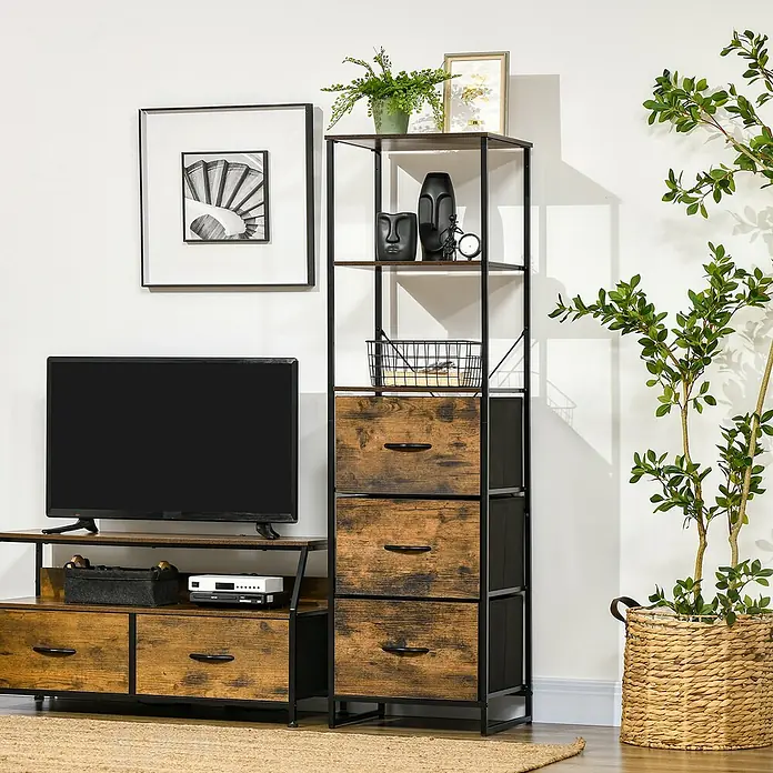 Homcom Kommode 1-teilig - L x B x H: 44 x 40 x 155 cm, Rustikalbraun, Anzahl Schubladen: 3 Stk. - Hohes Regal aus rustikalem Holz und schwarzem Metall mit Schubladen, für Stauraum und Dekoration neben einem passenden TV-Schrank.