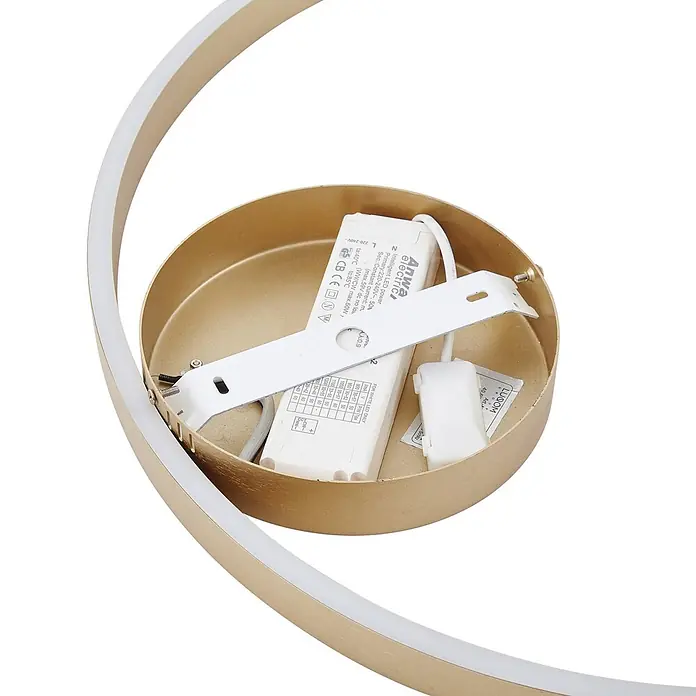 Lucande Deckenleuchte Moise - L x B x H: 60 x 60 x 5 cm, messing / gold - LED-Treiber und Verkabelung sichtbar in einer goldenen, gebogenen LED-Lampenfassung.