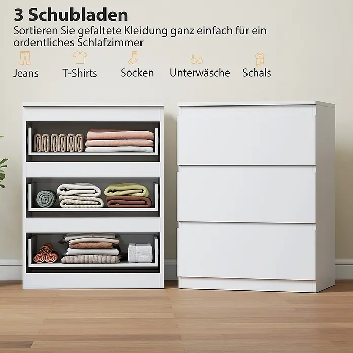Homcom Kommode 1-teilig - L x B x H: 60 x 40 x 79 cm, Weiß, Anzahl Schubladen: 3 Stk. - Zwei weiße Kommoden zur Kleideraufbewahrung, eine mit offenen Fächern voller Kleidung, die andere mit drei geschlossenen Schubladen.