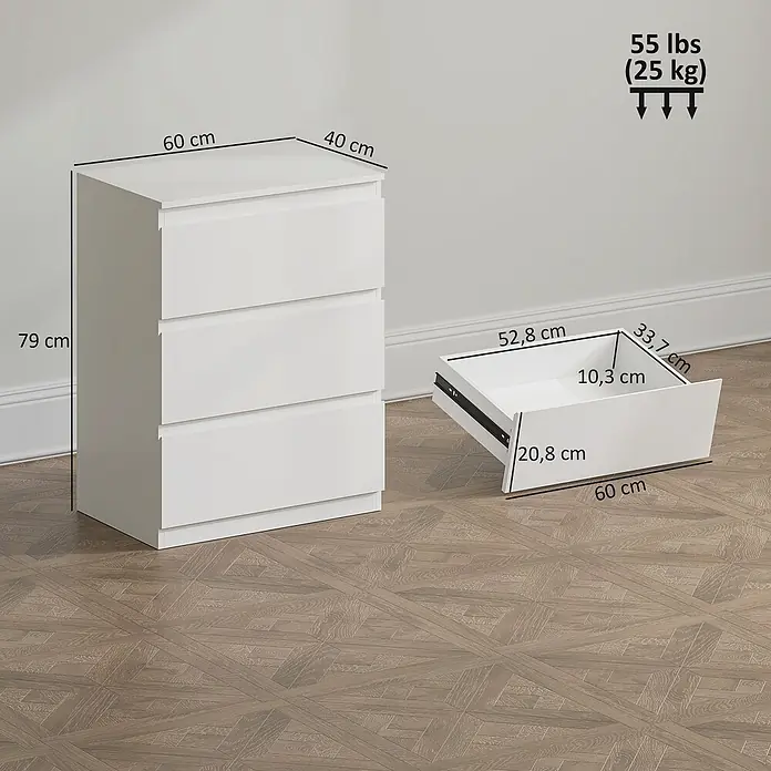 Homcom Kommode 1-teilig - L x B x H: 60 x 40 x 79 cm, Weiß, Anzahl Schubladen: 3 Stk. - Weiße Kommode mit 3 Schubladen, 79x60x40 cm, eine Schublade geöffnet. Belastbarkeit 25 kg.