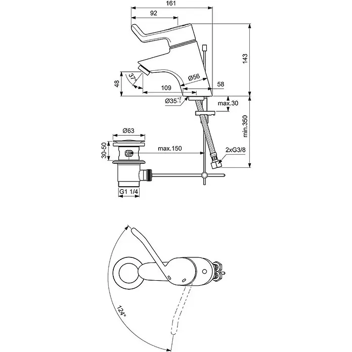 Ideal Standard Waschtischarmatur IS EHM Sicherheit Waschtisch Ceraplus mit Ablaufgarnitur, 120mm verchromt -  - Technische Zeichnung einer Einhebel-Waschtischarmatur mit Ablaufgarnitur und flexiblen Schläuchen, zeigt Maße und Schwenkbereich des Hebels.