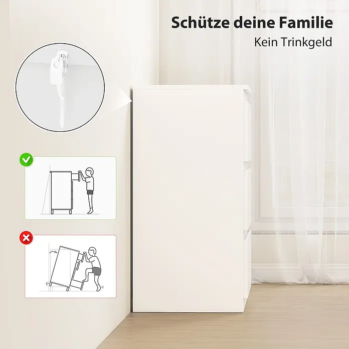 Homcom Kommode 1-teilig - L x B x H: 60 x 40 x 79 cm, Weiß, Anzahl Schubladen: 3 Stk. - Weiße Kommode mit Kippschutzgurt an der Wand befestigt, der die sichere Installation gegen Umkippen zeigt.