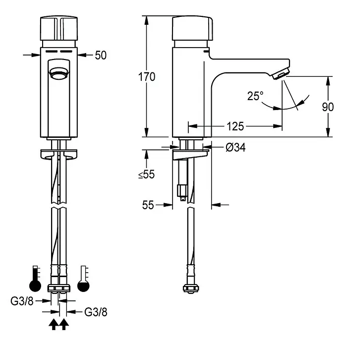 KWC Selbstschluss-Armatur KWC AR Standbatterie, F5, hydr., Mischer, 3l - Messing poliert verchromt - Technische Zeichnung einer Einhebel-Waschtischarmatur, 170 mm hoch, mit G3/8-Anschlüssen. Der Auslauf ist 125 mm tief und 90 mm hoch.
