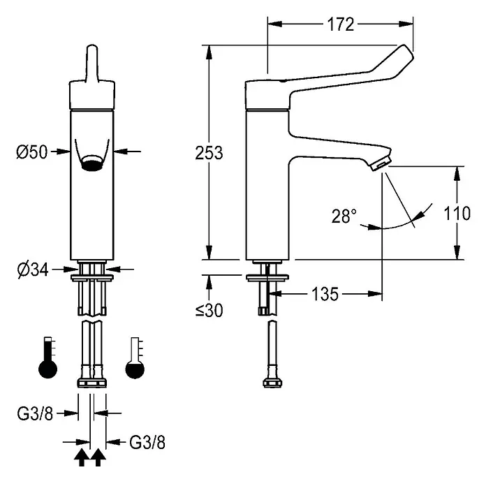 KWC Waschtischarmatur KWC AR Thermostat-Standbatterie, F4, EHM, 135 mm, Armhebel - Messing poliert verchromt - Technische Zeichnung einer verchromten Einhebel-Waschtischarmatur mit Maßen.