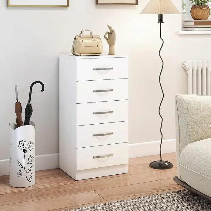 Homcom Kommode 1-teilig - L x B x H: 40 x 35 x 85 cm, Weiß, Anzahl Schubladen: 5 Stk. - Weißer Schrank mit fünf Schubladen und silbernen Griffen, bietet Stauraum in einem Raum.