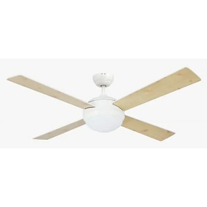 Vam Deckenventilator VEGALIGHT weiß 132 cm - Weiß Plywoodflügel weiß-Pinienholz, 1.320 mm, 46 W - Weißer Deckenventilator mit vier hellen Holzflügeln und integrierter weißer Lichtkuppel.