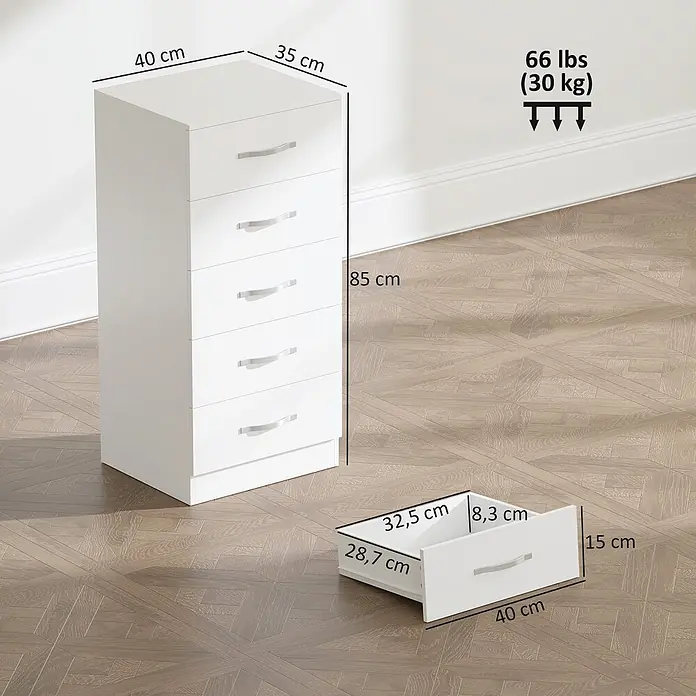 Homcom Kommode 1-teilig - L x B x H: 40 x 35 x 85 cm, Weiß, Anzahl Schubladen: 5 Stk. - Weißer Kommode (40x35x85 cm) mit 5 Schubladen, eine offen zeigt Innenmaße (32.5x28.7x8.3 cm). Max. Belastung 30 kg.