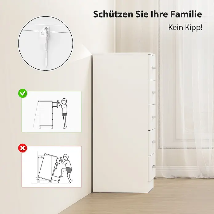 Homcom Kommode 1-teilig - L x B x H: 40 x 35 x 85 cm, Weiß, Anzahl Schubladen: 5 Stk. - Weißes Schubladenschrank mit Kippschutzfunktion und erklärenden Diagrammen zur Kindersicherheit.