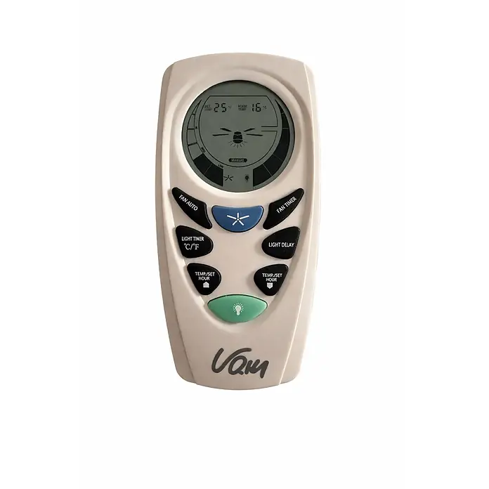 Vam Deckenventilator VEGA bronze 132 cm - Weiß Plywoodflügel weiß-Pinienholz, 1.320 mm, 46 W - Cremefarbene Vanu-Fernbedienung mit LCD-Anzeige (25°/16° Temperatur, Ventilator-/Lichtsymbole) und farbigen Funktionstasten.