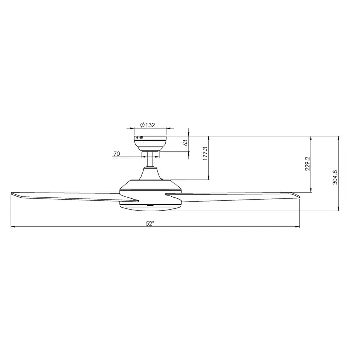 Vam Deckenventilator VEGALIGHT schwarz 102 cm - schwarz Walnuss, 1.020 mm, 46 W - Technische Zeichnung eines 52-Zoll-Deckenventilators mit Maßen, einschließlich 304,8 mm Gesamthöhe.