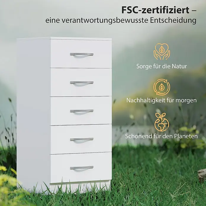 Homcom Kommode 1-teilig - L x B x H: 40 x 35 x 85 cm, Weiß, Anzahl Schubladen: 5 Stk. - Weißes FSC-zertifiziertes Sideboard mit fünf Schubladen und silbernen Griffen.