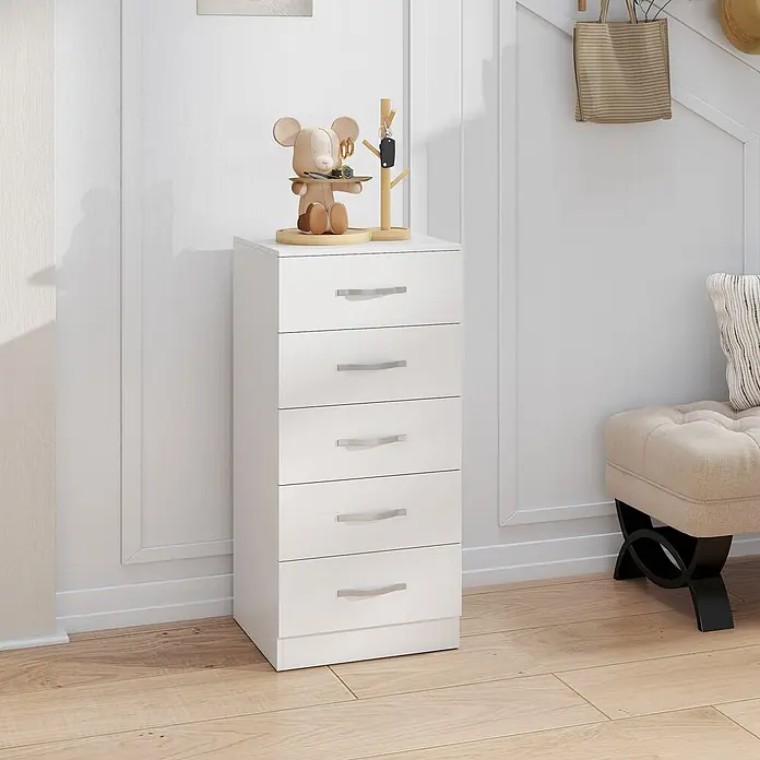 Homcom Kommode 1-teilig - L x B x H: 40 x 35 x 85 cm, Weiß, Anzahl Schubladen: 5 Stk. - Weißer Hochschrank mit 5 Schubladen und silbernen Griffen, in einem hellen Raum neben einer Bank.