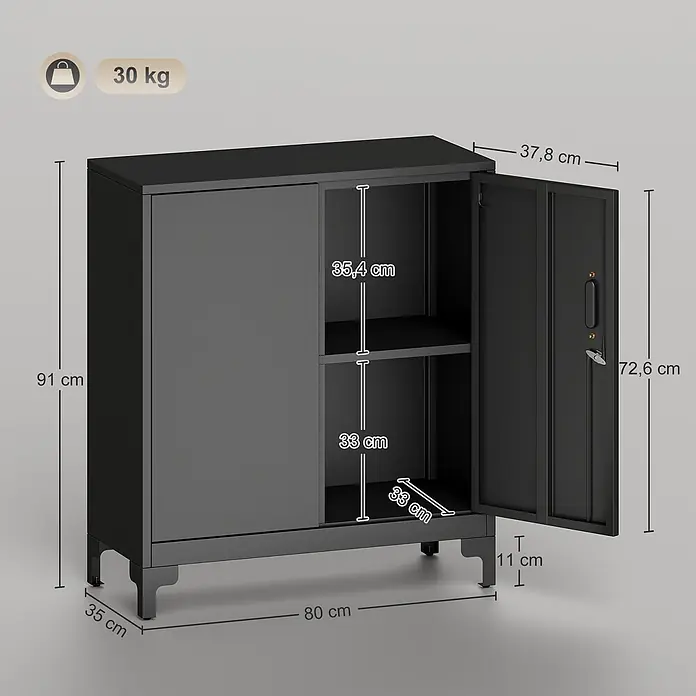 Homcom Metall-Mehrzweckschrank 1-teilig - 80 x 35 x 91 cm, Schwarz - Schwarzer Metallschrank mit zwei Türen, eine offen, zeigt zwei Einlegeböden. Maße 91x80x35 cm, 30 kg Traglast.
