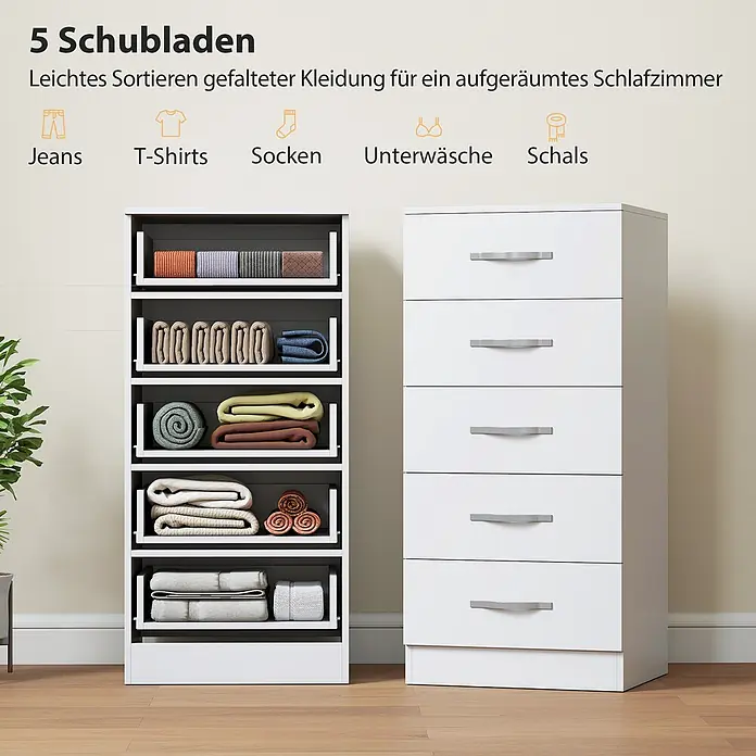 Homcom Kommode 1-teilig - L x B x H: 40 x 35 x 85 cm, Weiß, Anzahl Schubladen: 5 Stk. - Weißer Kommode mit 5 Schubladen und passendes offenes Regal zur einfachen Aufbewahrung gefalteter Kleidung.