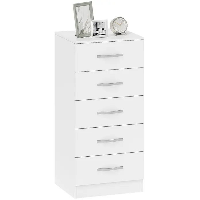 Homcom Kommode 1-teilig - L x B x H: 40 x 35 x 85 cm, Weiß, Anzahl Schubladen: 5 Stk. - Hohe weiße Kommode mit fünf glatten Schubladen und silbernen Griffen, verziert mit einem Bilderrahmen und einer Uhr oben.