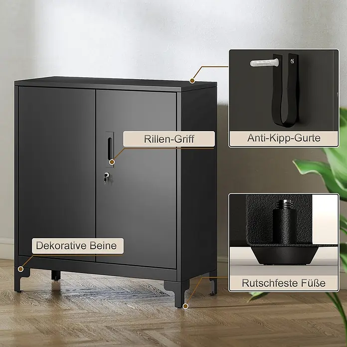 Homcom Metall-Mehrzweckschrank 1-teilig - 80 x 35 x 91 cm, Schwarz - Schwarzer Metallschrank mit Rillen-Griff, dekorativen Beinen und hervorgehobenen Sicherheitsmerkmalen wie Anti-Kipp-Gurten und rutschfesten Füßen.
