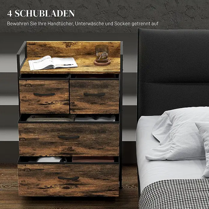 Homcom Kommode 1-teilig - Rustikalbraun, Anzahl Schubladen: 4 Stk. - Kommode mit 4 Schubladen in rustikaler Holzoptik, schwarzem Rahmen. Bewahrt Handtücher, Unterwäsche und Socken getrennt neben dem Bett auf.