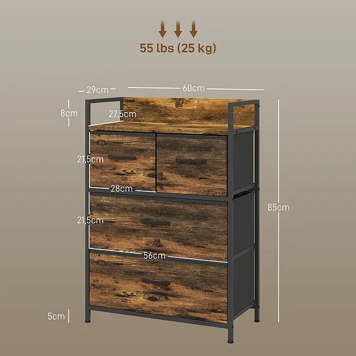 Homcom Kommode 1-teilig - Rustikalbraun, Anzahl Schubladen: 4 Stk. - Kommode mit Holzoptik-Stoffschubladen und dunklem Metallrahmen, 60x29x85cm (BxTxH), 25 kg Traglast.