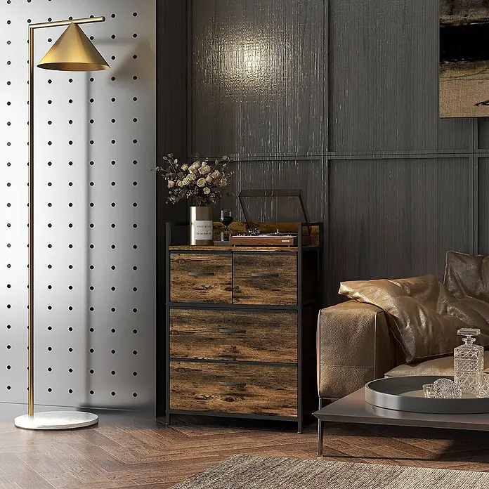 Homcom Kommode 1-teilig - Rustikalbraun, Anzahl Schubladen: 4 Stk. - Rustikale braune Kommode mit schwarzem Metallrahmen, Schubladen und Ablage für einen Plattenspieler im Wohnbereich.