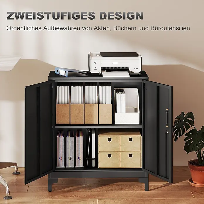 Homcom Metall-Mehrzweckschrank 1-teilig - 80 x 35 x 91 cm, Schwarz - Schwarzer Metall-Zweitürer-Büroschrank mit offenen Türen, gefüllt mit Akten und Büromaterial, Drucker obenauf.