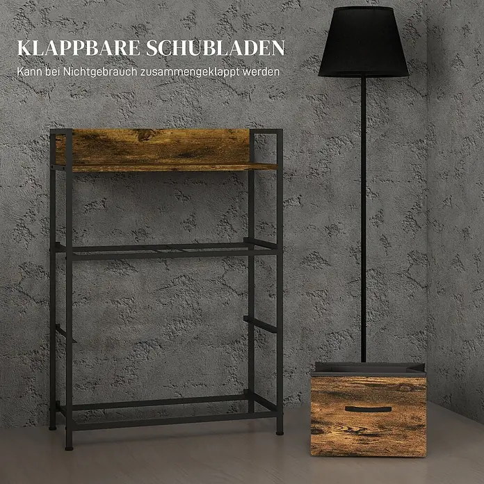 Homcom Kommode 1-teilig - Rustikalbraun, Anzahl Schubladen: 4 Stk. - Schwarzes Metallregal mit Holzoptik-Ablagen und einer klappbaren, holzgemusterten Aufbewahrungsschublade.