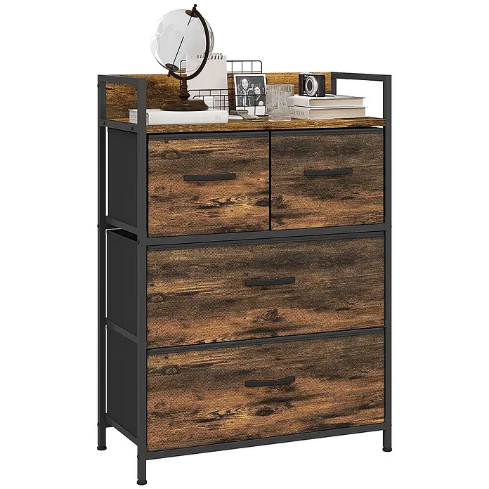 Homcom Kommode 1-teilig - Rustikalbraun, Anzahl Schubladen: 4 Stk. - Rustikale Kommode mit Holzoptik, schwarzem Metallrahmen und fünf Stoffschubladen.