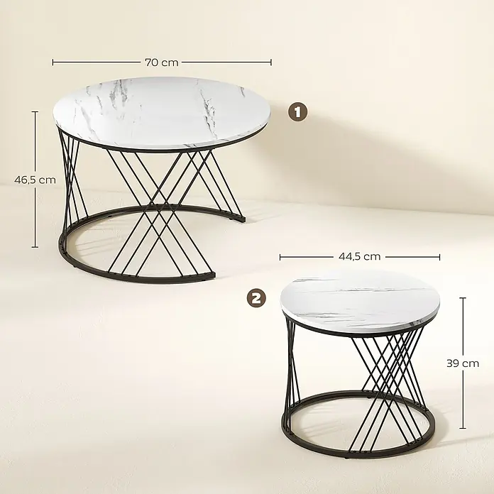 Couchtisch Set -  - Zwei runde Beistelltische zum Ineinanderschieben, mit weißer Marmorplatte und schwarzem Metallgestell. Groß: 70x46,5 cm, Klein: 44,5x39 cm.
