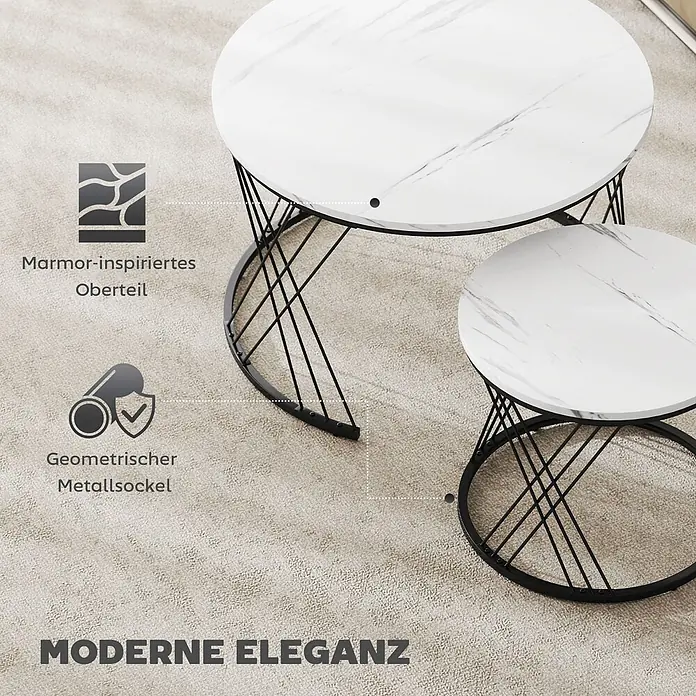 Couchtisch Set -  - Set aus zwei Couchtischen mit marmorierter Platte und schwarzen, geometrischen Metallgestellen.