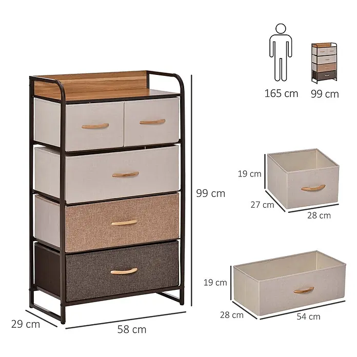 Homcom Kommode 1-teilig - L x B x H: 58 x 29 x 99 cm, Mehrfarbig, Anzahl Schubladen: 5 Stk. - Hohe Kommode mit braunem Metallrahmen, heller Holzplatte und sechs Stoffschubladen in Beige- und Brauntönen zur Aufbewahrung.