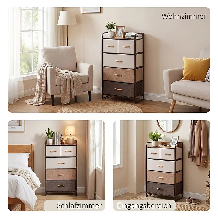 Homcom Kommode 1-teilig - L x B x H: 58 x 29 x 99 cm, Mehrfarbig, Anzahl Schubladen: 5 Stk. - Hohes Regal mit dunklem Metallrahmen, Stoffschubladen in Beigetönen und Holzgriffen, in verschiedenen Räumen dargestellt.