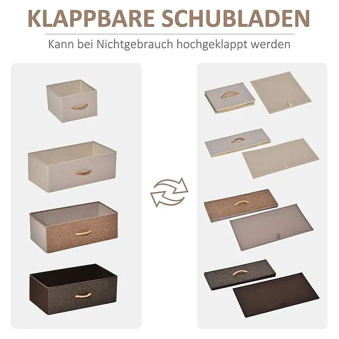 Homcom Kommode 1-teilig - L x B x H: 58 x 29 x 99 cm, Mehrfarbig, Anzahl Schubladen: 5 Stk. - Vier klappbare Stoffschubladen in Beige, Braun und Dunkelbraun, aufgebaut und flach gefaltet dargestellt.