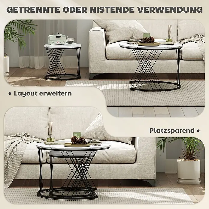 Couchtisch Set -  - Zwei Beistelltische mit weißer Marmorplatte und schwarzem Metallgestell, separat oder ineinander verschachtelt im Wohnzimmer gezeigt.
