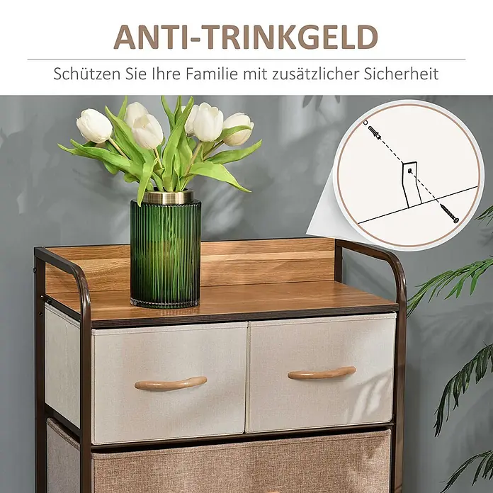 Homcom Kommode 1-teilig - L x B x H: 58 x 29 x 99 cm, Mehrfarbig, Anzahl Schubladen: 5 Stk. - Mehrschubladiges Aufbewahrungsmöbel mit Stoffschubladen und Holzplatte, zeigt eine Kippsicherung zur erhöhten Sicherheit.