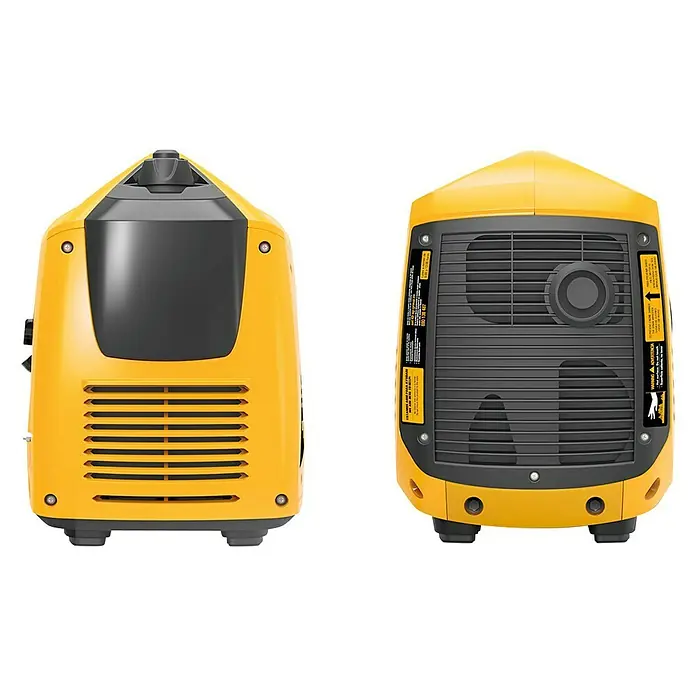 MGA Generador MG2000I - 1,6 kW, Volumen del depósito: 3,6 l - Vistas frontal y posterior de un generador de energía portátil amarillo diseñado para uso en exteriores.