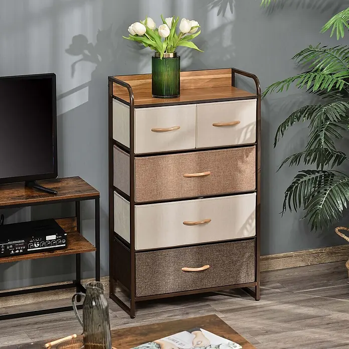 Homcom Kommode 1-teilig - L x B x H: 58 x 29 x 99 cm, Mehrfarbig, Anzahl Schubladen: 5 Stk. - Kommode mit 5 Stoffschubladen, Holzplatte und Metallrahmen.