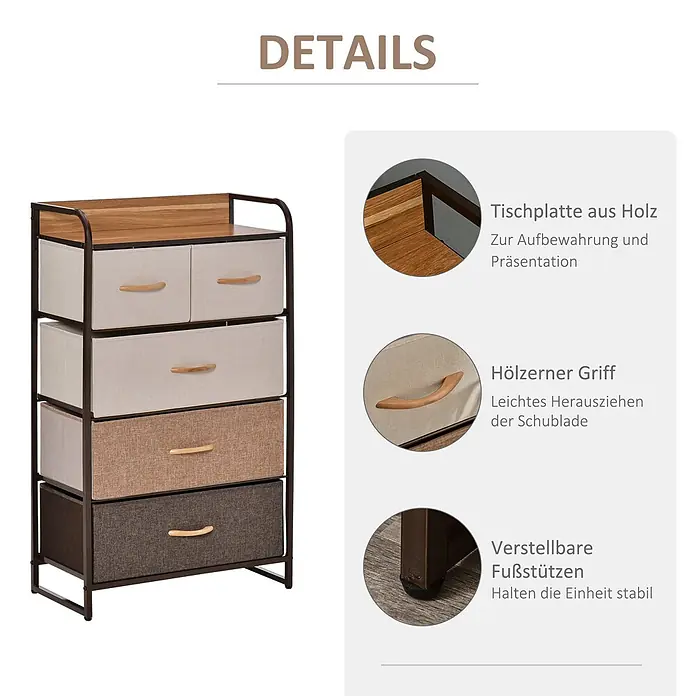 Homcom Kommode 1-teilig - L x B x H: 58 x 29 x 99 cm, Mehrfarbig, Anzahl Schubladen: 5 Stk. - Truhenkommode mit Holzplatte, Metallrahmen und Stoffschubladen mit Holzgriffen. Verstellbare Füße sorgen für Stabilität.