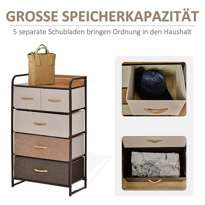 Homcom Kommode 1-teilig - L x B x H: 58 x 29 x 99 cm, Mehrfarbig, Anzahl Schubladen: 5 Stk. - Kommode mit 5 Stoffschubladen, Metallrahmen und Holzplatte, mit offenen Schubladen, die eine Kappe und gefaltete Textilien zeigen.