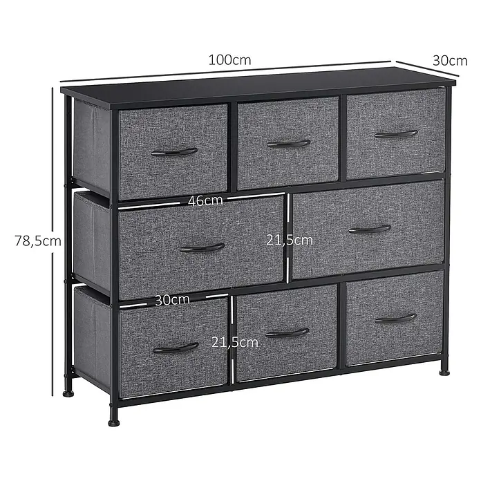 Homcom Kommode 1-teilig - L x B x H: 100 x 30 x 78,5 cm, Schwarz, dunkelgrau, Anzahl Schubladen: 8 Stk. - Schwarzes Metallgestell-Aufbewahrungseinheit mit 9 grauen Stoffschubladen, 100x30x78,5cm.