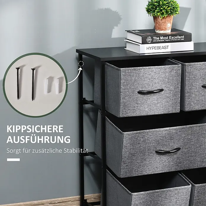 Homcom Kommode 1-teilig - L x B x H: 100 x 30 x 78,5 cm, Schwarz, dunkelgrau, Anzahl Schubladen: 8 Stk. - Dunkelgraue Kommode mit Stoffschubladen, gezeigt mit Kippschutzschrauben und Dübeln für zusätzliche Stabilität.