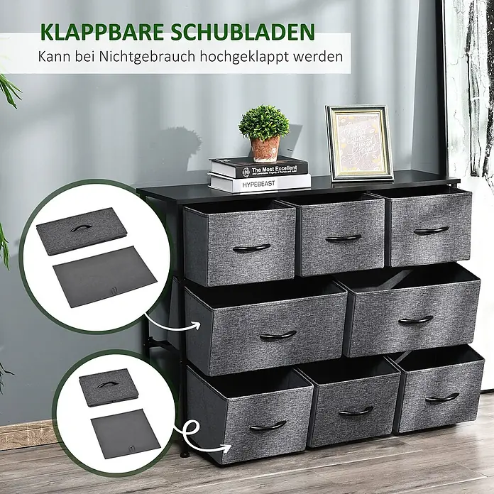 Homcom Kommode 1-teilig - L x B x H: 100 x 30 x 78,5 cm, Schwarz, dunkelgrau, Anzahl Schubladen: 8 Stk. - Dunkelgraue Stoffkommode mit neun faltbaren Schubladen, eine Schublade flach gefaltet dargestellt.