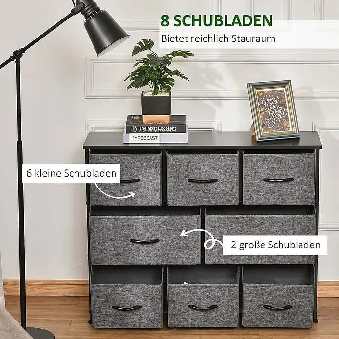 Homcom Kommode 1-teilig - L x B x H: 100 x 30 x 78,5 cm, Schwarz, dunkelgrau, Anzahl Schubladen: 8 Stk. - Graue Stoffkommode mit 8 Schubladen und schwarzem Metallrahmen in einem Zimmer.