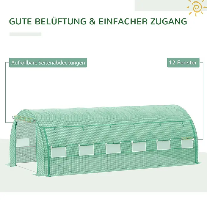 Outsunny Gewächshaus - 597 x 300 cm, Material Seitenwand: Kunststoff, 2 mm - Grünes Gewächshaus mit aufrollbaren Seitenabdeckungen und 12 Fenstern für gute Belüftung und einfachen Zugang.