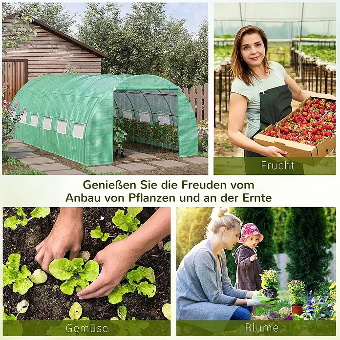 Outsunny Gewächshaus - 597 x 300 cm, Material Seitenwand: Kunststoff, 2 mm - Grünes Bogen-Tunnelgewächshaus im Garten mit Pflanzen im Inneren. Ideal für den Anbau von Gemüse, Obst und Blumen.