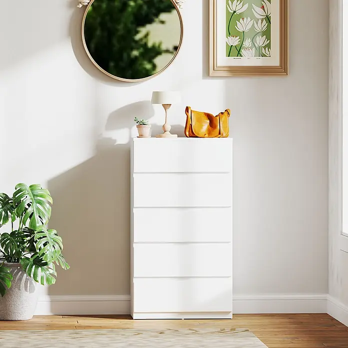 Homcom Kommode 1-teilig - L x B x H: 55 x 34 x 100 cm, Weiß, Anzahl Schubladen: 5 Stk. - Eine hohe, weiße Kommode mit fünf horizontalen Schubladen.